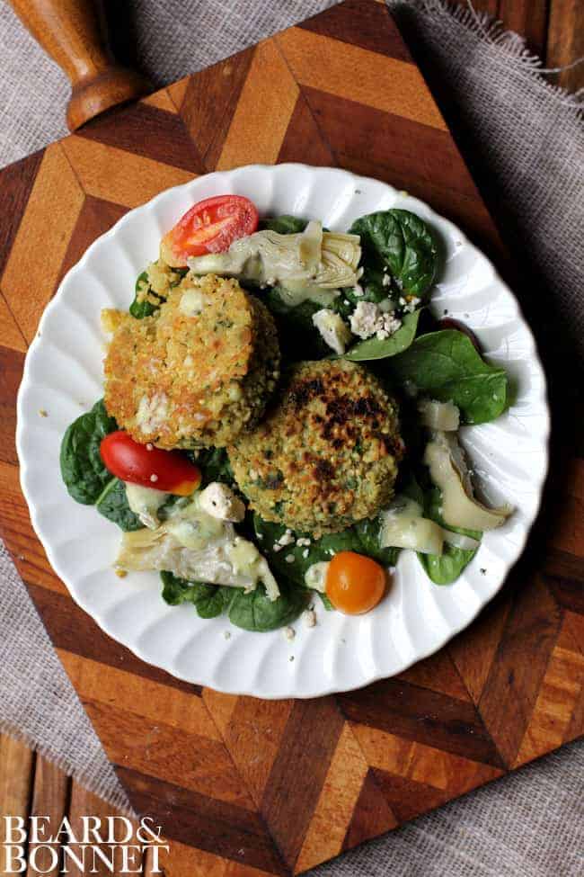 Spinach and Artichoke Salad with Millet Cakes {Beard and Bonnet} #gfree # vegetarian