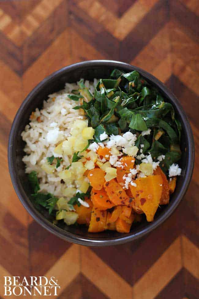 Spicy Harissa Greens and Roasted Carrot Rice Bowl {Beard and Bonnet} #glutenfree #vegan