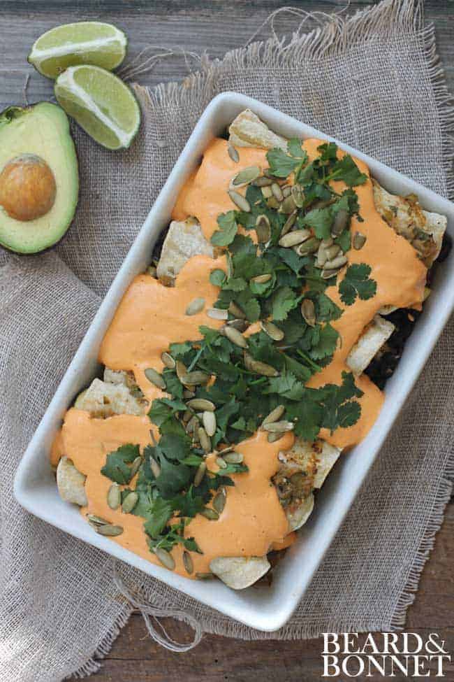 Black Bean Enchiladas With Roasted Red Pepper Cashew Cream {Beard and Bonnet} #glutenfree #vegan