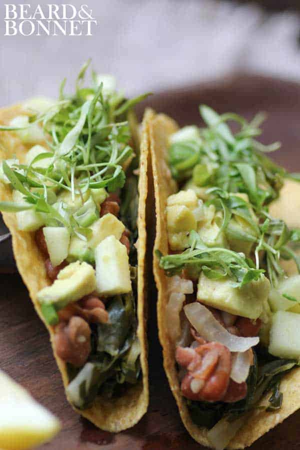 Pinto Bean and Swiss Chard Tacos with Tart Apple & Avocado Salsa {Beard and Bonnet} #glutenfree #vegan