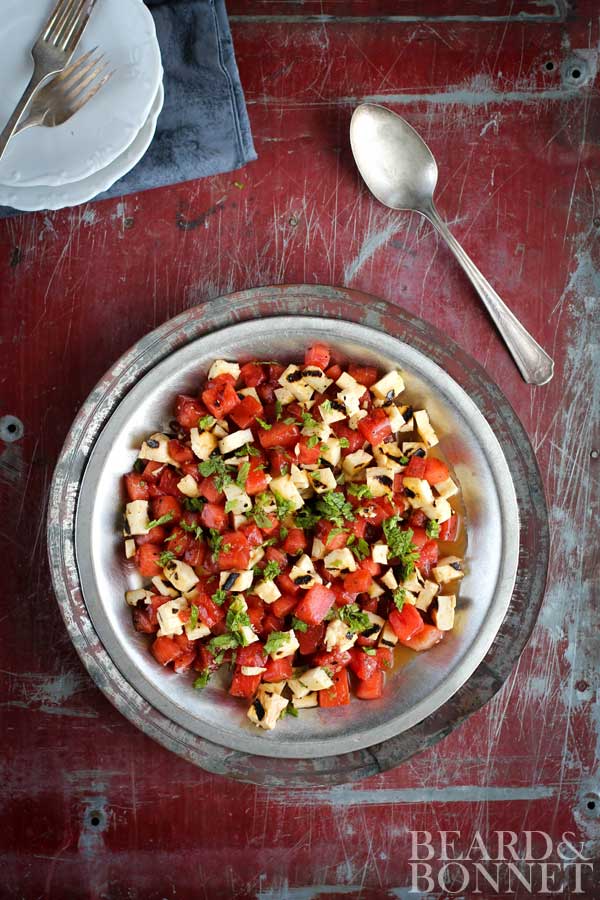 Grilled Watermelon and Halloumi Salad for the #SoLetsPigOut Potluck {Beard and Bonnet} #glutenfree